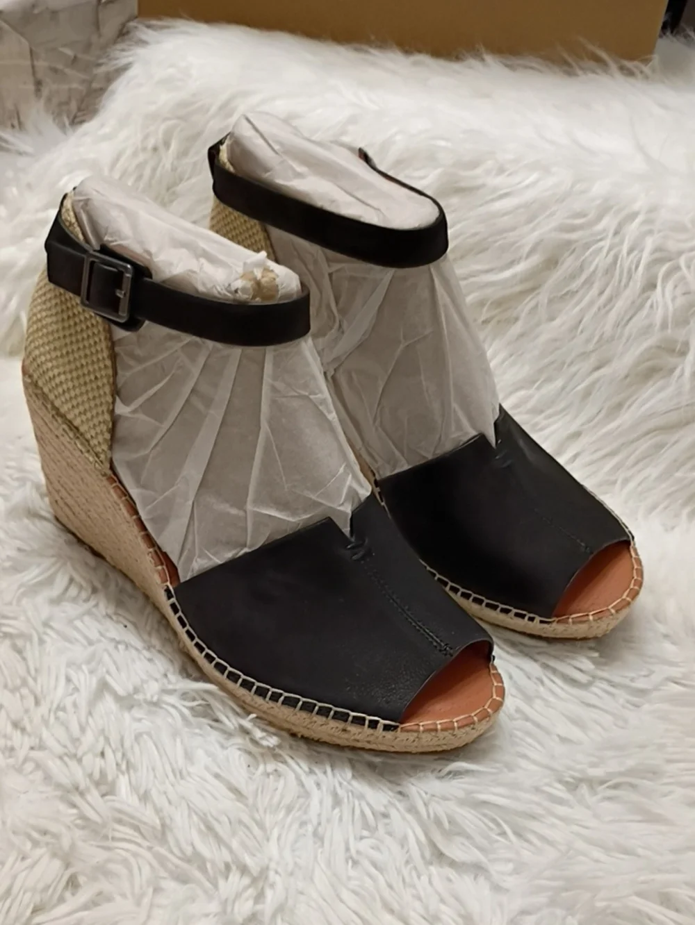 Kenneth Cole Gentle Souls Charli Black Espadrille Wedge Sandals Ankle Buckle 9.5